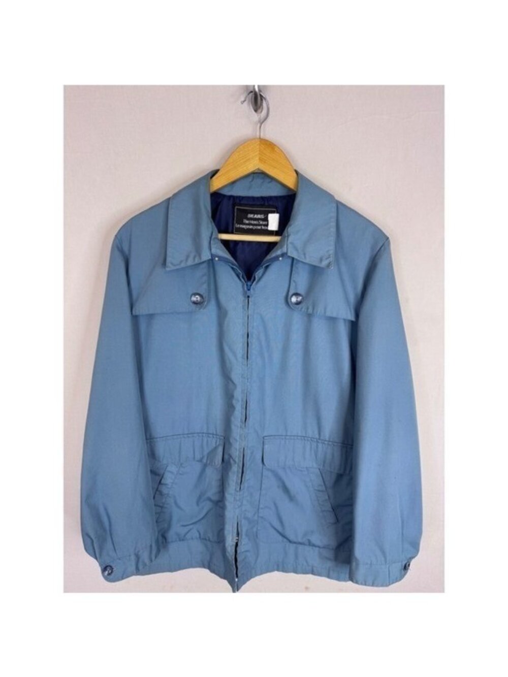 Vintage Sears The Mens Store Blue Harrington Jacket Full Zip Pockets Mens Medium